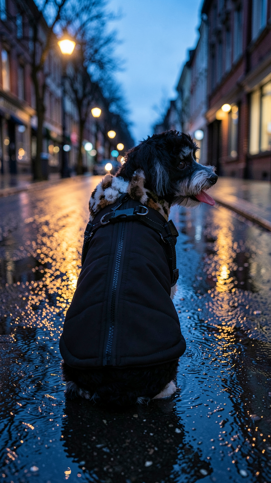 Hund i svart vintertäcke på en blöt gata