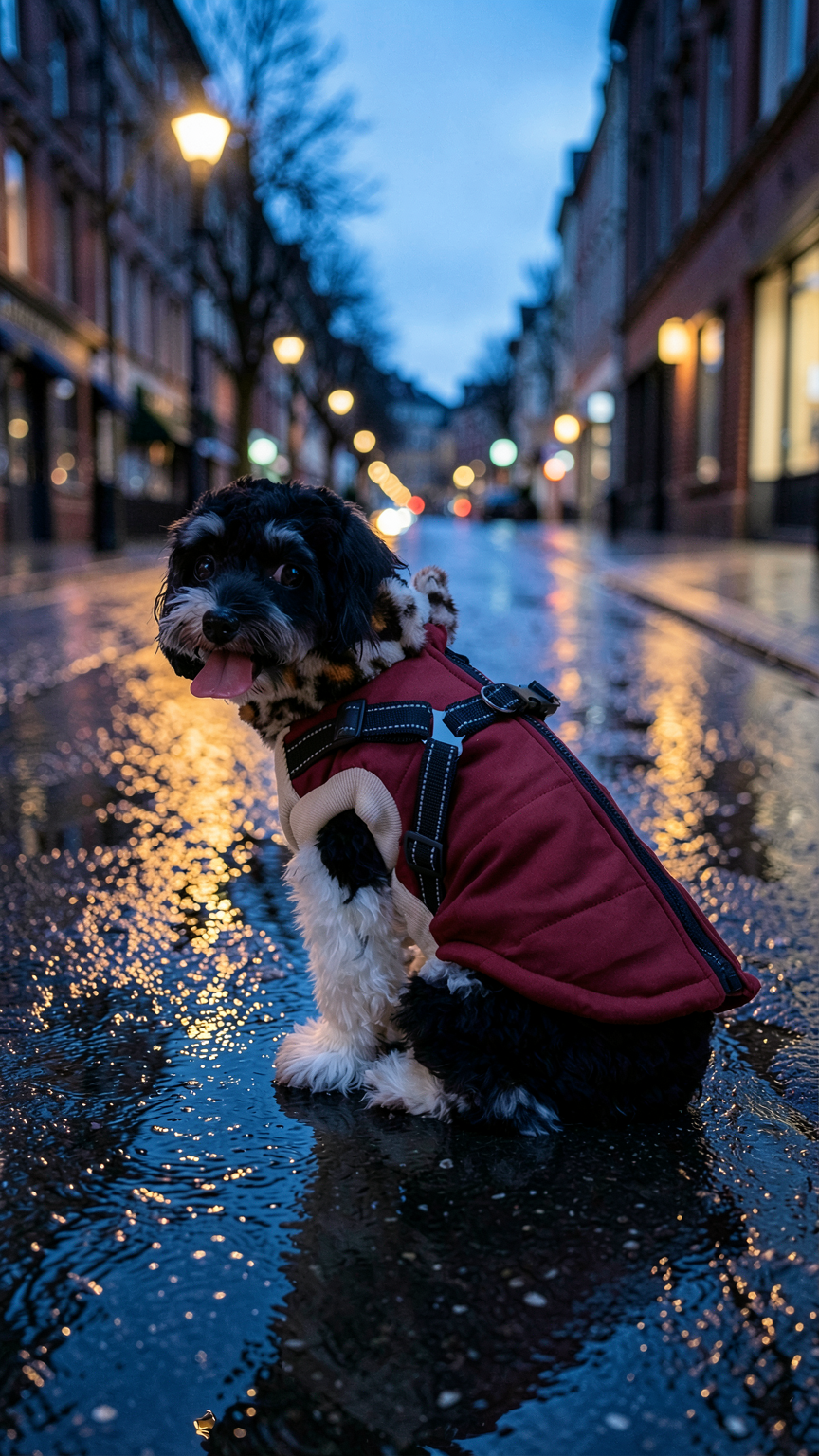 Hund i vinrött vintertäcke på en blöt gata