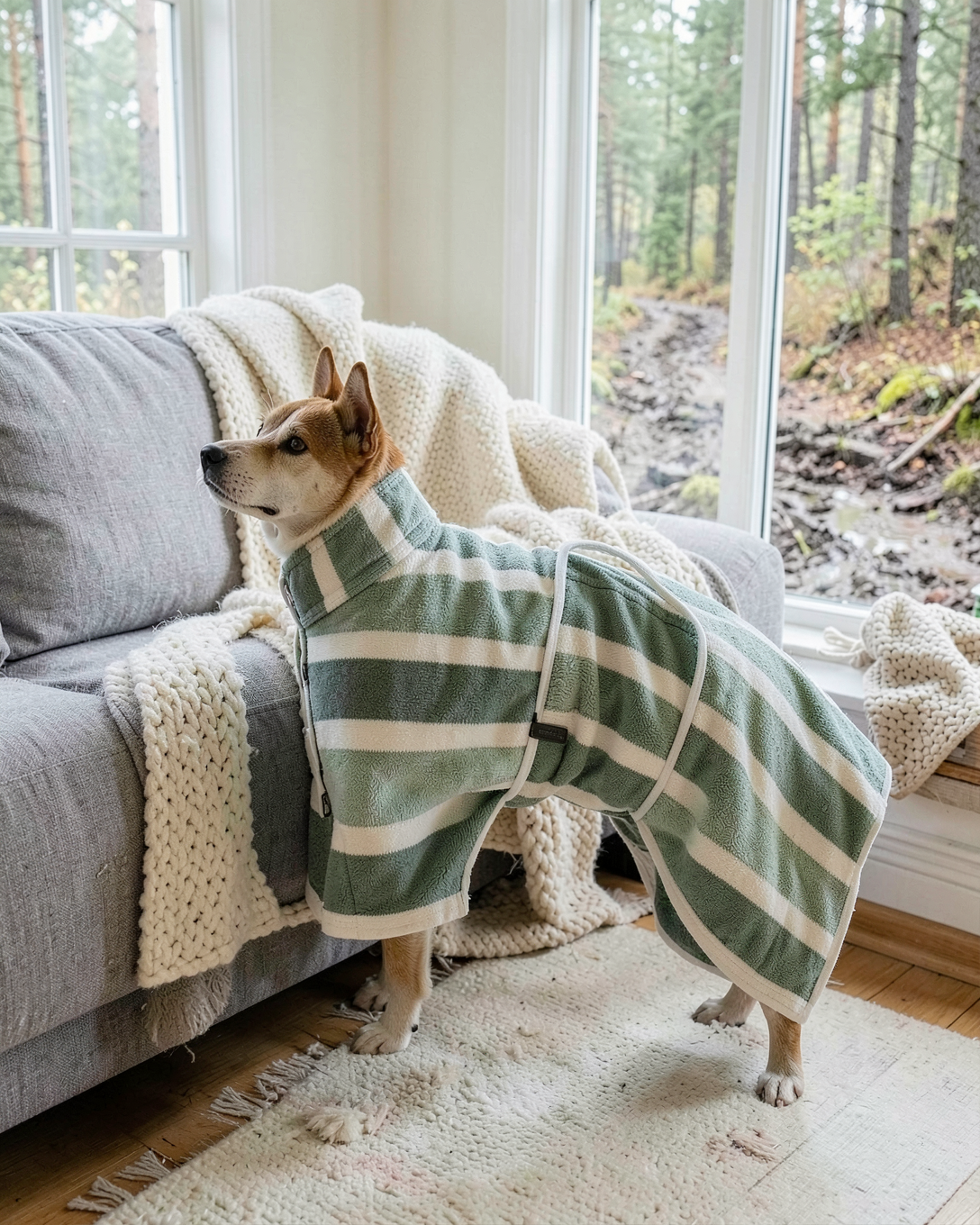 Hund i grönrandig hundbadrock bredvid en soffa