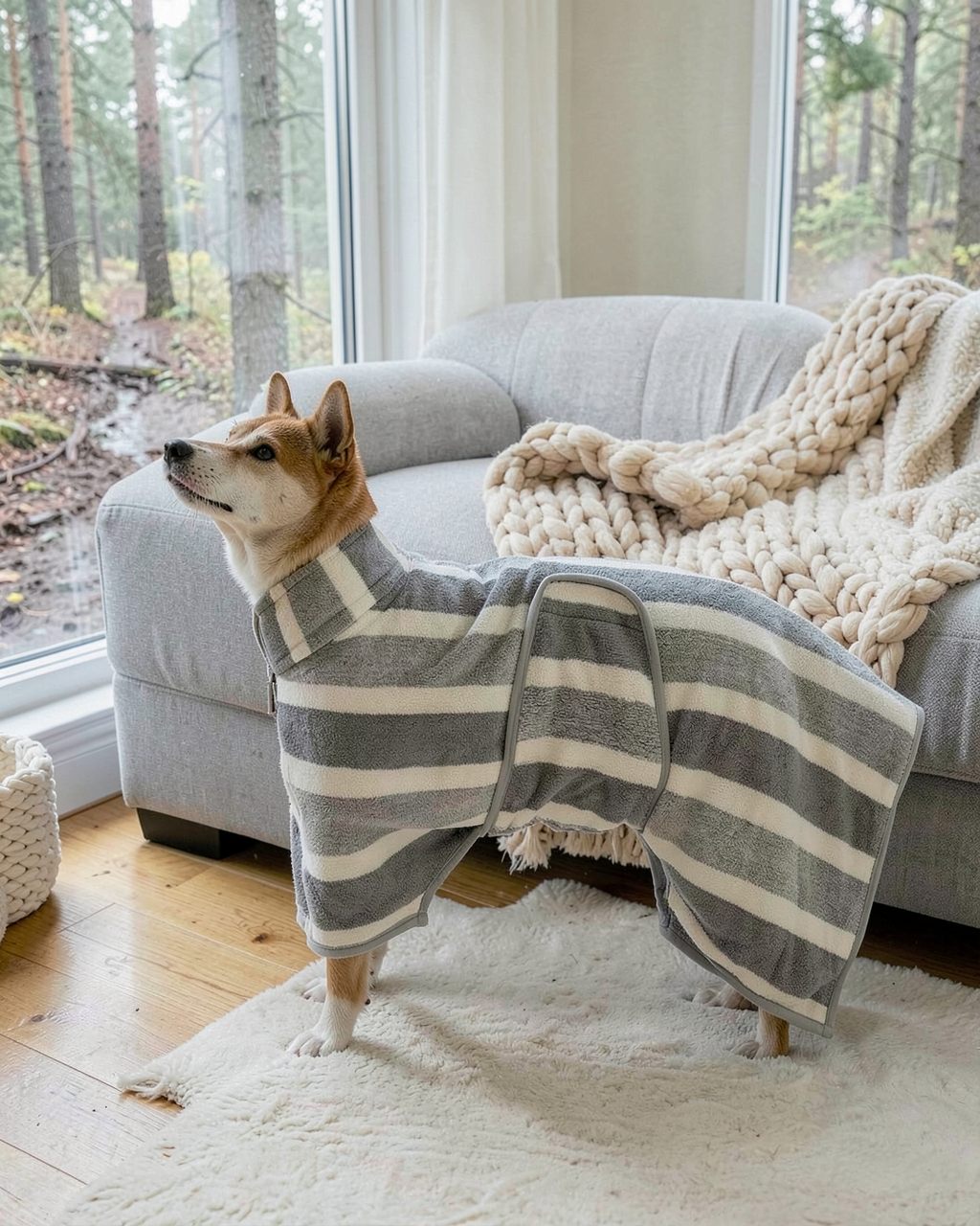Hund i grårandig hundbadrock bredvid en soffa